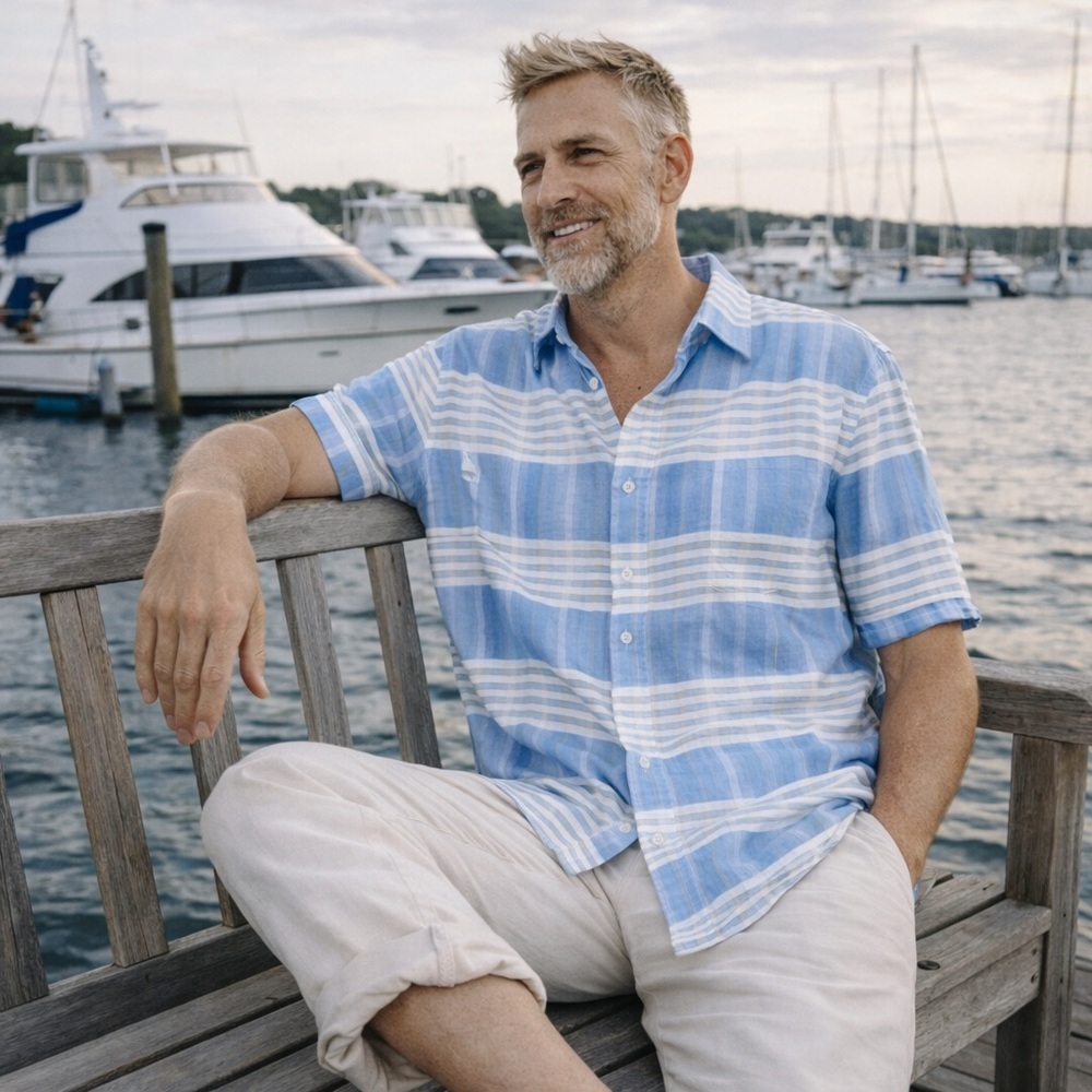 Tommy Bahama Blue Plaid Medium Linen/Cotton CampShirt Button Front S/S Nautical